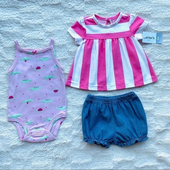 Carters 3 Piece Set Pink Stripe Onesie Shorts Top - Picture 1 of 5